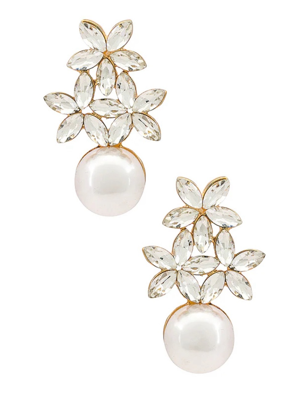Ettika Best Day Crystal Flower Faux Pearl Stud Earrings 18K Gold Plated NWT